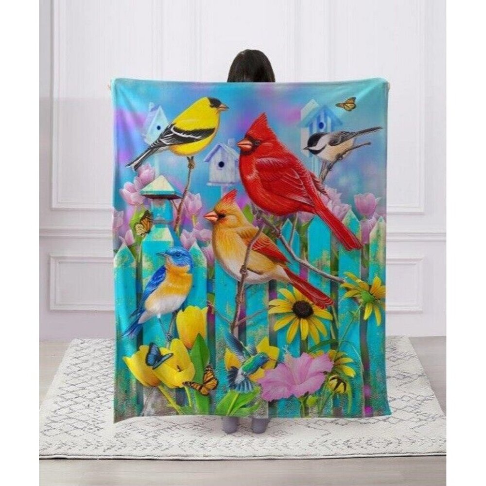 New Flower Songbirds Cardinal Plush Throw Blanket Birdwatch Birder Twitcher Gift - Picture 2 of 3